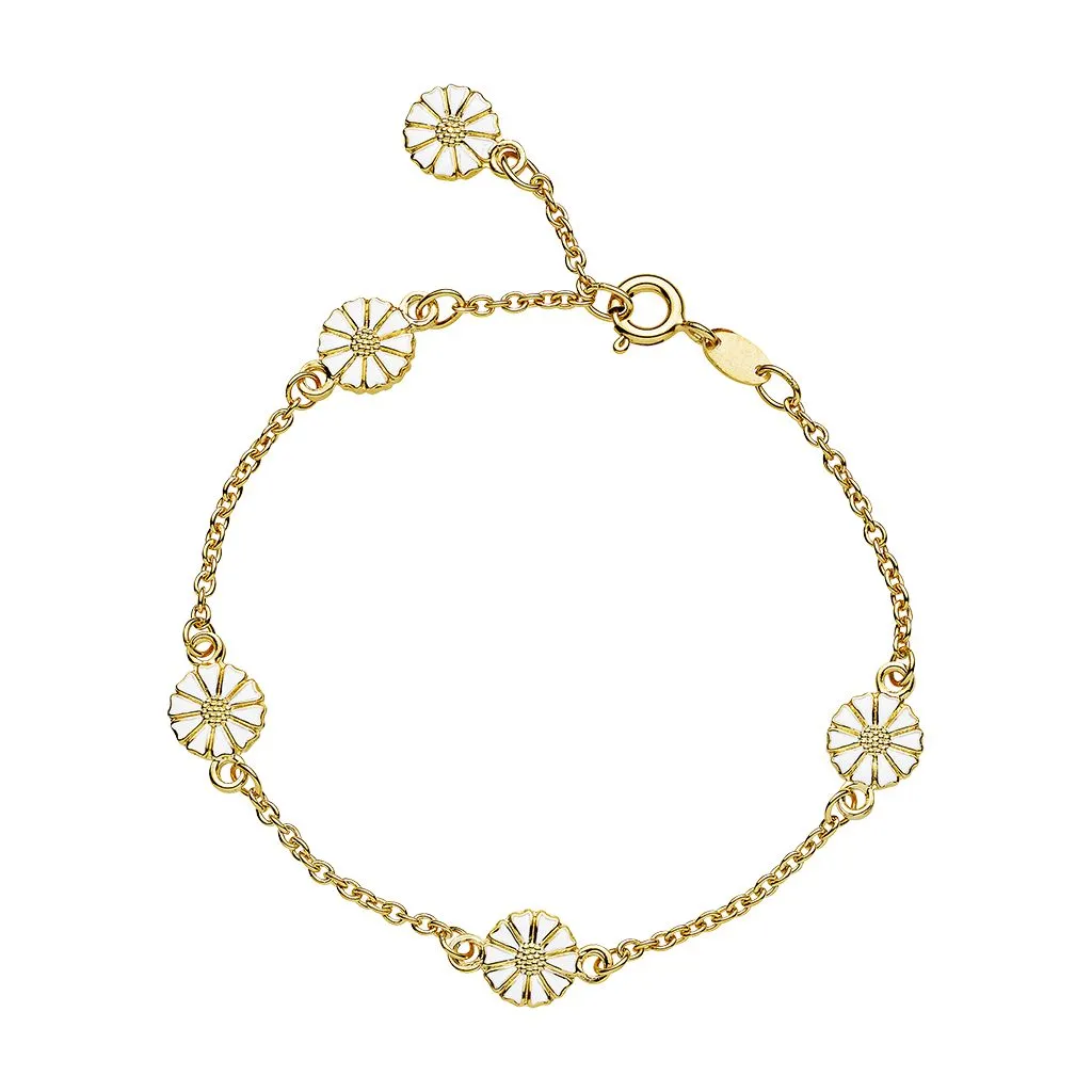 Lund Copenhagen - Marguerit armbånd 5x7,5mm 24 kt forgyldt hvid emalje 17-19cm 925 - 90107018-5-M
