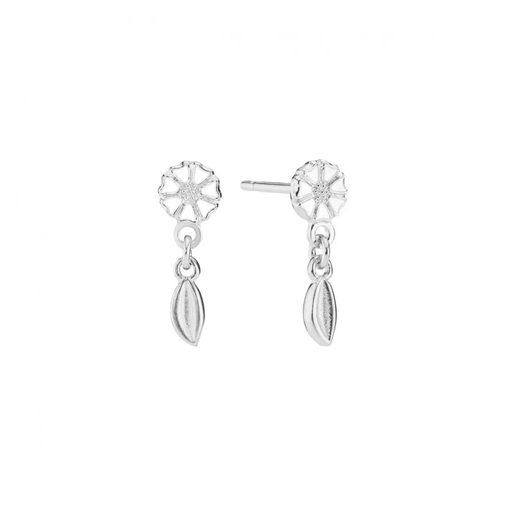 Marguerit ørestik 5mm med blad i hvid emalje og sølv fra Lund Copenhagen