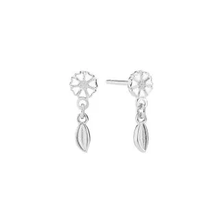 Marguerit ørestik 5mm med blad i hvid emalje og sølv fra Lund Copenhagen