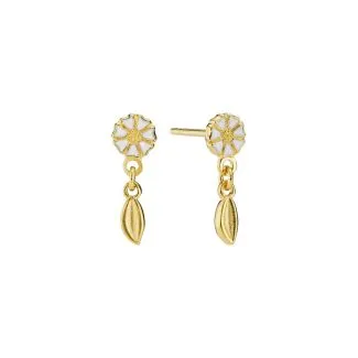 Lund Copenhagen Marguerit Ørestik 5mm Blad Forgyldt Sølv 925 Hvid Emalje